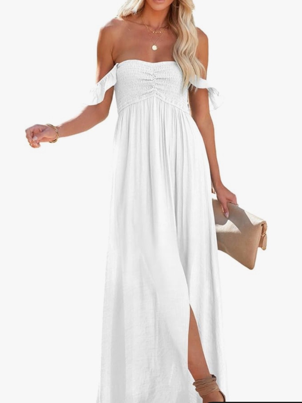Off-Shoulder White Maxi Sundress with Side Slit